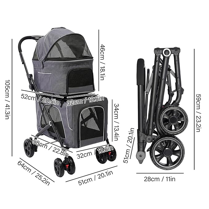 2 Tiers Pet Stroller,4 Wheel Dog Stroller Cat Strollers,3.07lbs Pet Gear Foldable Jogger Travel Cart,Grey Cat Carrying Cart with Storage Basket for Small Medium Pet (Grey)-PawvioPets