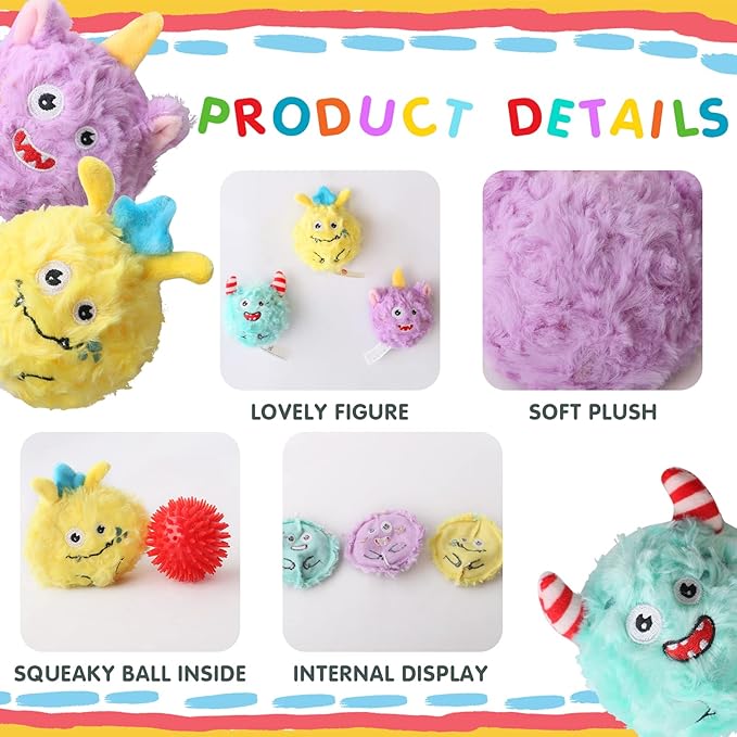 DKING 3Pack Squeaky Dog Balls,2 in1 Funny Puppy Ball Toys,Birthday Dog Toy for Small Medium Dogs (Monster Ball)-PawvioPets