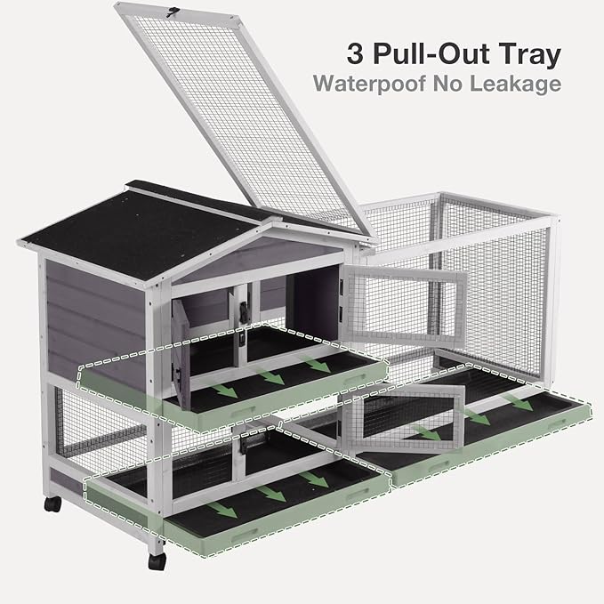 2-Story Indoor Rabbit Hutch with Chew-Proof Outdoor Rabbit Cage with 6 Locking Casters Bunny Cage 2 Pull-Out Trays Guinea Pigs Cage 62"-PawvioPets