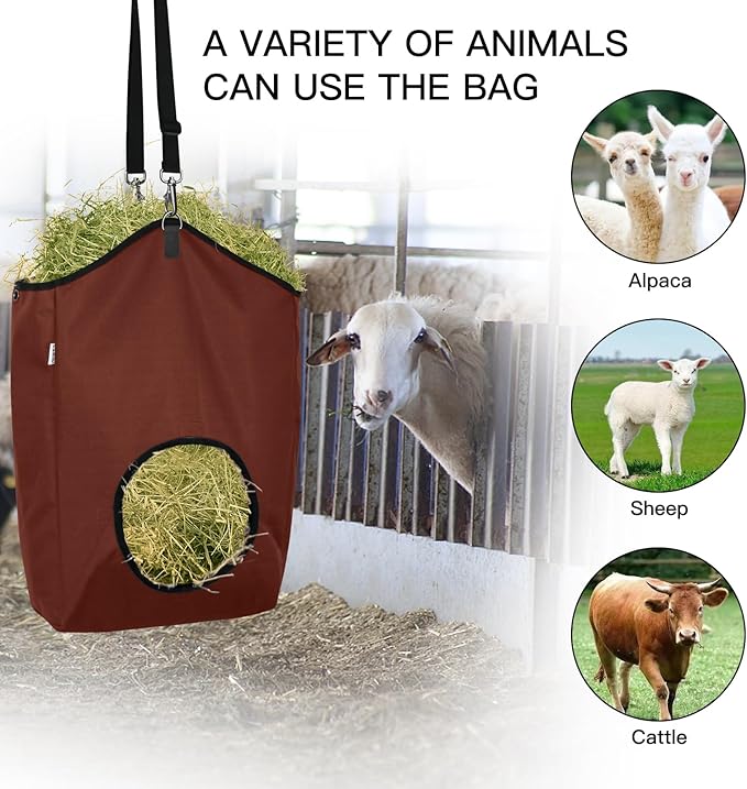 3 Packs Goat Hay Feeder,Hay Bags for Goats,Horses,Sheep,Premium 600D Oxford Cloth,with Metal Fastener and Adjustable Open Feed Hole for Slow Feeding. (2Brown + 1Black)-PawvioPets