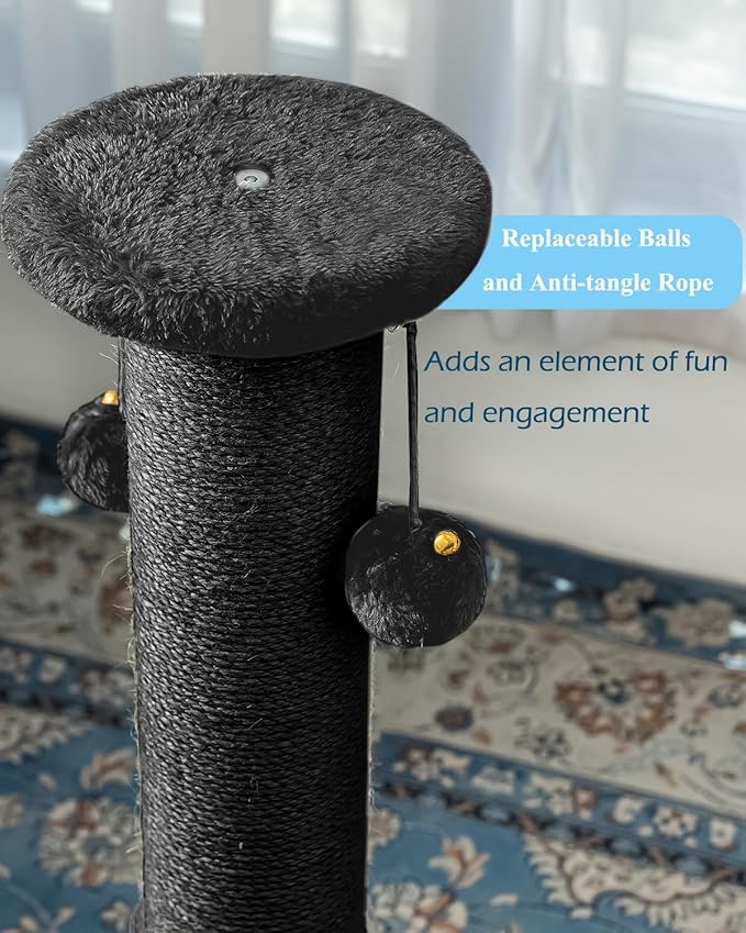 Kilodor 34Inch Tall Cat Scratching Post,4.3Inch Diameter Large Sisal Cat Scratch Post with Ball, Sturdy and Durable Cat Scratcher for Indoor Cats Adults Black-PawvioPets