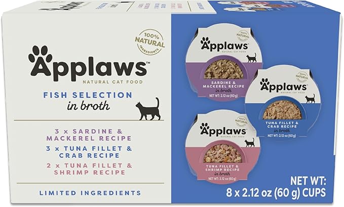 Applaws Natural Wet Cat Food, 8 Count, Limited Ingredient Cat Food Pots, Fish Variety Count in Broth, 2.12oz Pots-PawvioPets