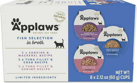 Applaws Natural Wet Cat Food, 8 Count, Limited Ingredient Cat Food Pots, Fish Variety Count in Broth, 2.12oz Pots-PawvioPets