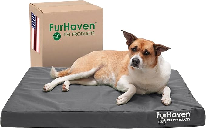 Furhaven Water-Resistant Cooling Gel Dog Bed for Large/Medium Dogs w/ Removable Washable Cover, For Dogs Up to 55 lbs - Indoor/Outdoor Logo Print Oxford Polycanvas Mattress - Stone Gray, Large-PawvioPets