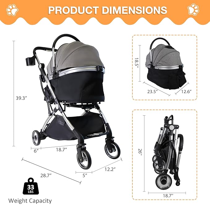 Dog Stroller for Small Medium Dogs, 3 in 1 Folding Pet Stroller Up to 33 lbs, 4 Wheels Pet Strolling Cart with Zipperless Entry, Cat Dog Travel Carrier with Telescopic Handle and Storage Basket-PawvioPets