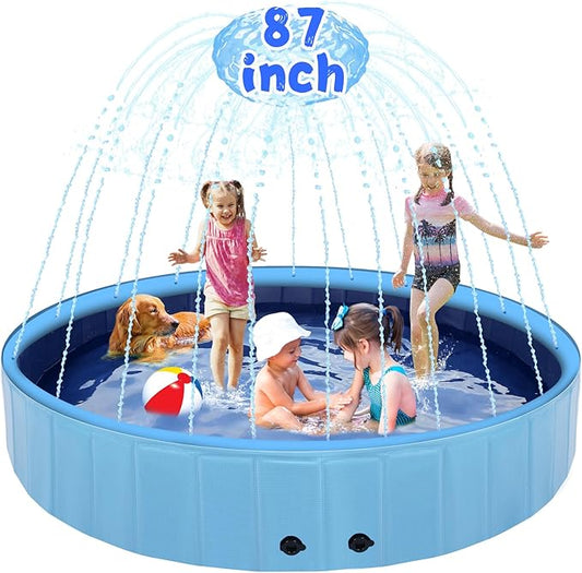 87" Large Dog Pool with Sprinkler, 2-in-1 Foldable Swimming Pool Non-Slip Hard Plastic Splash Sprinkler Kiddie Pool for Outdoor Backyard Kids Dogs Ducks and Pet Baths-PawvioPets