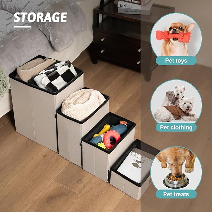 Dog Stair for Small Dogs with Storage, Foldable Pet Step with Soft Cover, Older Cat Ramp for Chair Couch Sofa, Lightweight, Durable, Comfort, 39.7x13x21.2 inch, 5 Tiers, Grey-PawvioPets