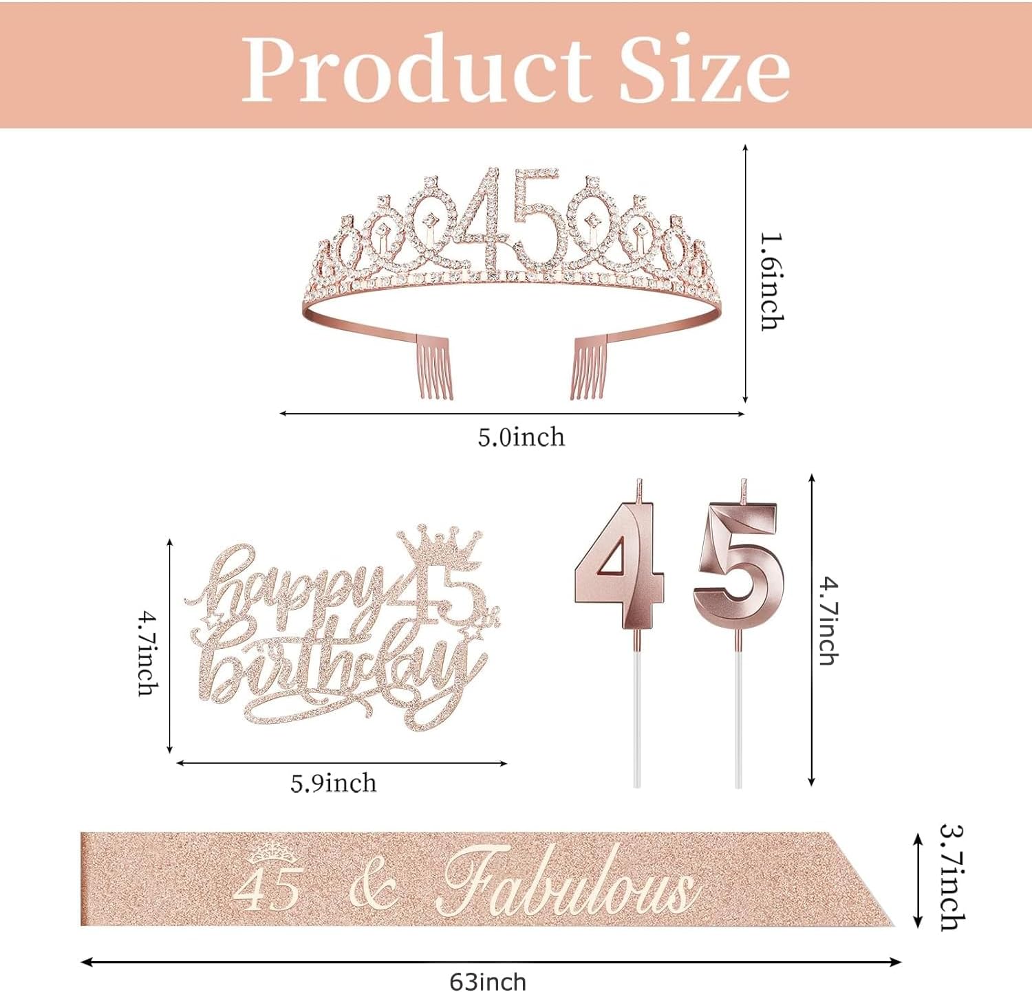 45 Birthday Decorations for Women Including Birthday Sash and Tiara, Cake Topper and Candles, 45 Year Old Gifts for Women, Rose Gold Party Decor Supplies