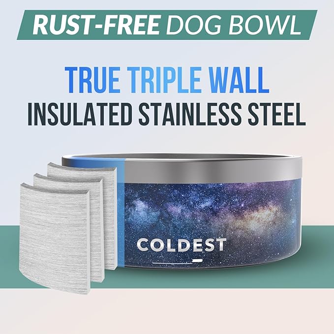 Coldest Dog Bowl - Anti Rust Metal, Non Slip, 3 Layers Insulated Stainless Steel Dog Bowls - Spill Proof & Heavy Duty - Water Bowl for Dogs, Cats & Pets, Dish Washer Safe (100 oz, Into The Beyond)-PawvioPets