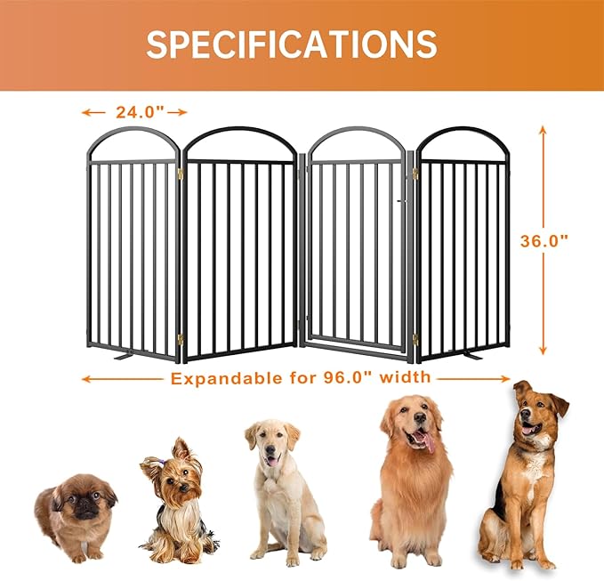 4 Panles Full Matel Freestanding Dog Gates with Door, 96"Extra Wide 36"Tall Free Standing Dog Pet Gate for Indoor & Outdoor. Foldable Pet Fences for Doorways, House, Stairs, Porch, Deck, Yard-PawvioPets