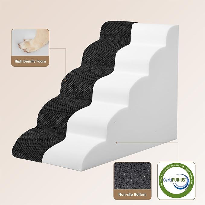 EHEYCIGA Curved Dog Stairs Ramp for High Beds 22.6" H, 5-Step Dog Steps for Small Dogs and Cats, Pet Stairs for High Bed Climbing, Non-Slip Balanced Pet Step Indoor, Black-PawvioPets