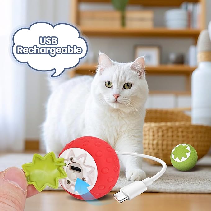 2Pcs Self-Moving Electric Cat Toy Ball with LED - Automatic Interactive Cat Toys for Indoor Cats, Smart Strawberry Design Stimulates Hunting Instincts, Boredom Relief & Exercise for Solo Play-PawvioPets