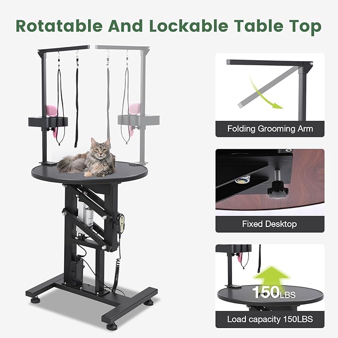 Electric Hydraulic Lift Pet Dog Grooming Table, 24Inch 360° Rotating Grooming Desktop for Small Dogs, with Overhead Arm, Wireless Remote, Tool Organizer, Black-PawvioPets