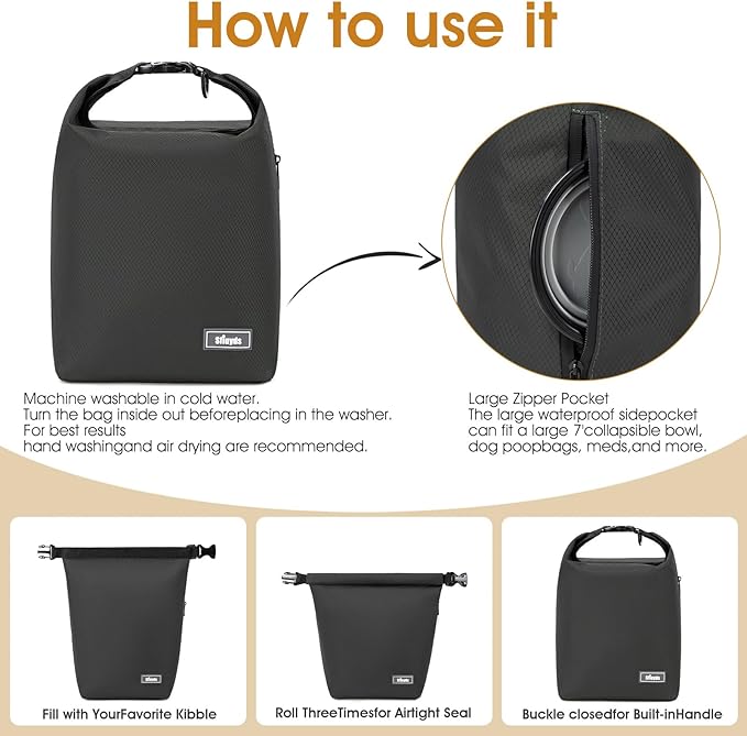 Dog Food Travel Bag,40-Cup Pet Food Storage Containers with 2PCS Collapsible Dog Travel Bowls,Waterproof Kibble Storage Container(Black, Large)-PawvioPets