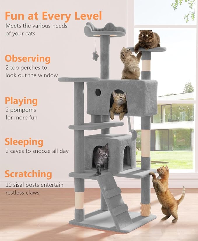 60'' Cat tree Tower for Indoor Cats Large Adult,Cute/Tall Modern Cat Tree for Big Cats 20 lbs,Plush Multi-Level Cat Condo with Scratching Posts,Dangling Ball for fun play(Light Gray, 60 inch)-PawvioPets