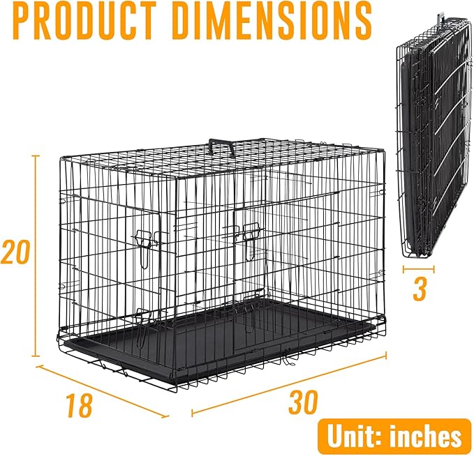 FDW Dog Crate for Medium Dogs 30 Inch Folding Metal WirePet Cage Double Door W/Divider Panel Indoor Outdoor Kennel Leak-Proof Plastic Tray,Black-PawvioPets