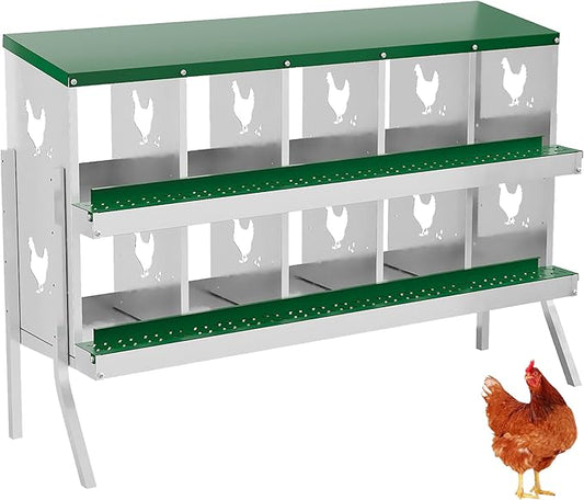 10 Hole Chicken Nesting Box with Roll Out Egg Tray, Rustproof & Ventilated Chicken Laying Boxes for Hens, Chickens, Ducks | Easy-Clean Poultry Coop Accessories, Green with Stand-PawvioPets
