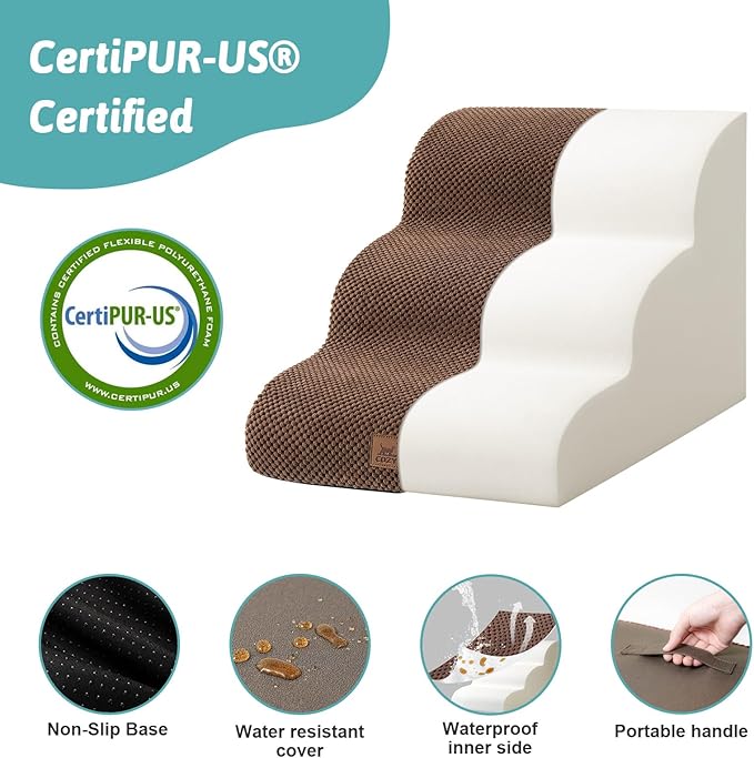 Dog Stairs for Small Dogs 15.7" H, Curved Dog Step for Puppy, Older Cat, Medium Pet Ramp for Sofa, Couch or Chair, Ladder with High Density Foam, 15.7x22.4x15.7 inch, 3 Step, Brown-PawvioPets