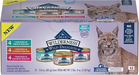 Blue Buffalo Wilderness Wild Delights High Protein Grain Free, Natural Adult Meaty Morsels Wet Cat Food, Ⲥhicken & Turkey, 𝙲hicken & Trout, 𝐂hicken & Salmon 3-oz cans (12 count - 4 of Each Flavor)-PawvioPets