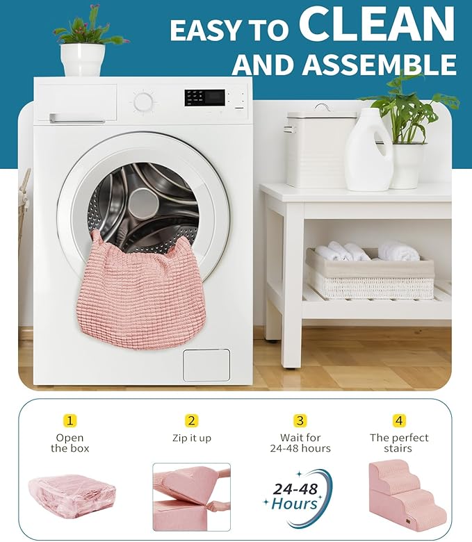 Dog Step for Bed, Dog Stair 4-Step 35D Pet Stair 19.7" H for High Bed or Sofa Non-Slip Balanced Pet Step Indoor, Pink-PawvioPets