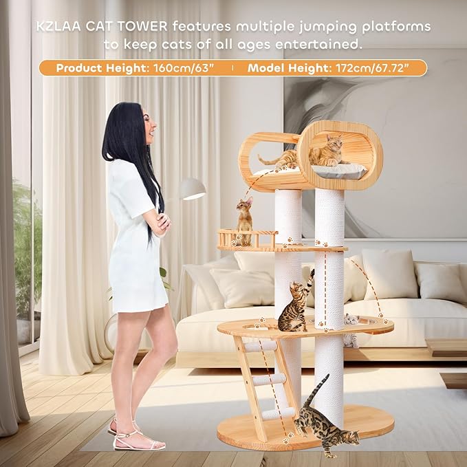 63.6'' Modern Cat Tree Indoor, Solid Wood Cat Tree with Scratching Post for Multi-Cat Families, Tall Cat Tower with Auxiliary Stairs, Huge Condo for Large Cats-PawvioPets