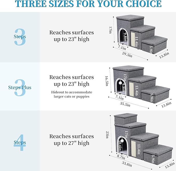 Dog Stairs for Bed and Couch 23“H, Foldable Dog Stairs for Small Older Dogs, 4 in 1 Adjustable Pet Cat Steps Ramps with Storage, Condo, Cat Scratcher, Hold Up to 180LBS, 4 Steps-PawvioPets