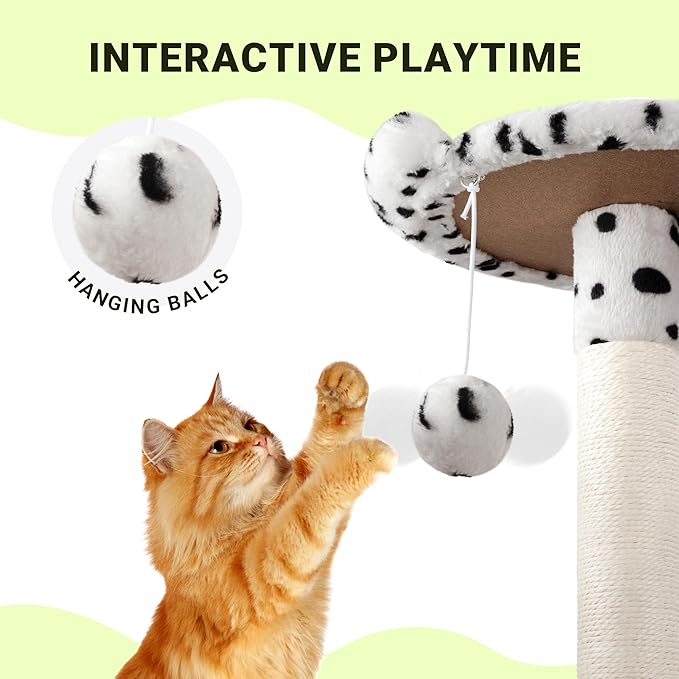 Allewie 64 Inches Cat Tree Tower/Multi-Level Activity Center for Indoor Big Felines/2 Plush Condos/2 Perchs/Basket/House/Sisal Scratching Posts/Hanging Cat Toys/White & Black Spot-PawvioPets