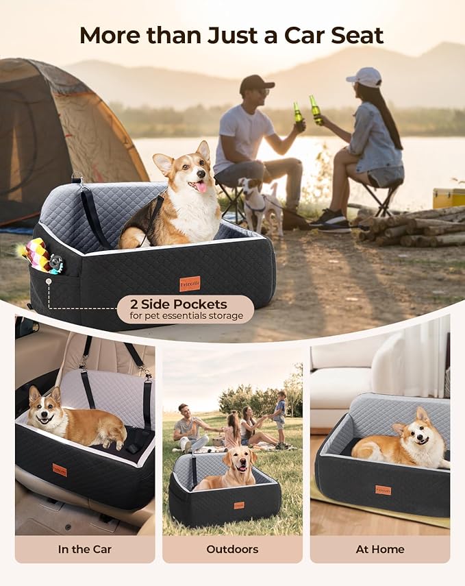 Dog Car Seat for Large Medium Dogs, Pet Car Seat Under 55 lbs or 2 Puppies, Removable Washable Pets Travel Booster Bed for Automotive Backseat with Comfy Thick Cushion, 2 Safety Leashes(Black/Gray)-PawvioPets