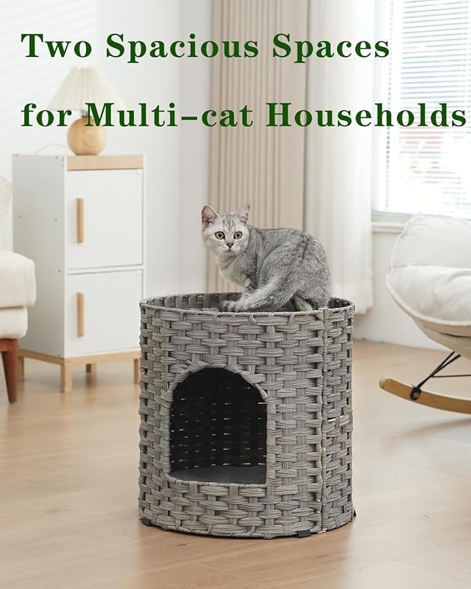 Cat House for Indoor Cat, Large Double Cat Houses Cat Bed Cave, Handwoven Rattan Pet Beds with One Soft Pad, 17 x 17 x 17 Inches Foldable Kitten Hideaway in Living Room Gray-PawvioPets