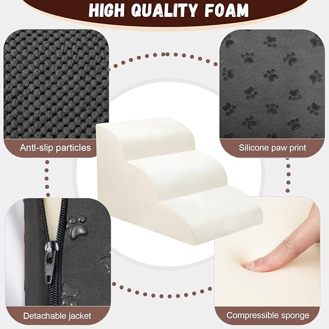 Dog Stairs for Small Dogs - High Density Foam Pet Steps, Extra Wide Dog Ramp with Non-Slip Bottom for High Beds, Couch and Sofa, Best for Dogs Injured, Older Doggy Cats,3 Steps, Black-PawvioPets