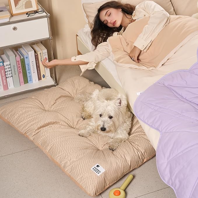 FUNNY FUZZY 2 in 1 Dog Bed Crate Pad Mat, Washable Reversible Pet Floor Mats,Fluffy Kennel Pad for Small Large Sized Dog,Indoor Cats,Sleeping Mattress, 41.7" × 28.3", Beige-PawvioPets