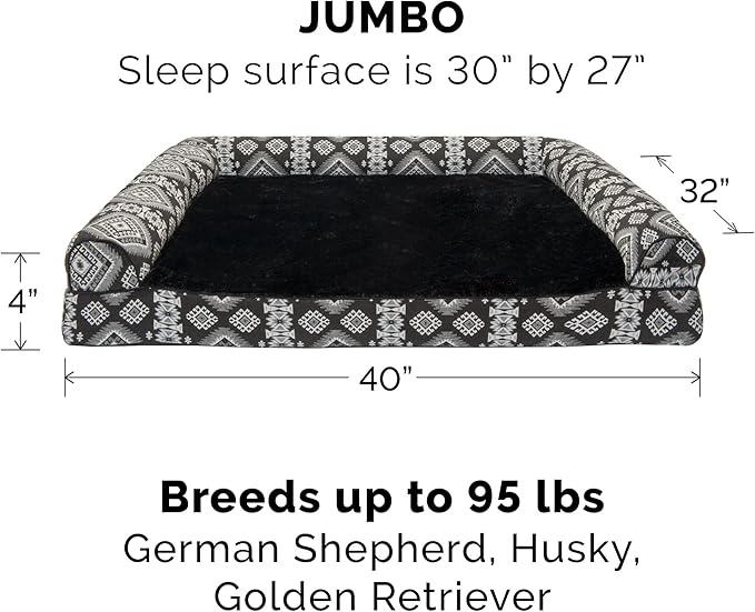 Furhaven Orthopedic Dog Bed for Large Dogs w/ Removable Bolsters & Washable Cover, For Dogs Up to 95 lbs - Plush & Southwest Kilim Woven Decor Sofa - Black Medallion, Jumbo/XL-PawvioPets