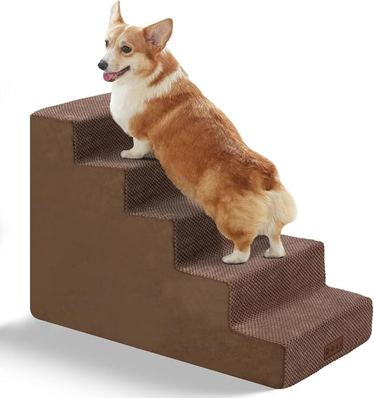 GGIB Dog Stairs for Small Dogs Cats Non-Slip Dog Steps for High Bed Pet Stairs for Sofa Couch Pet Ramp Pet Steps with Removable Washable Cover, Brown, 22" H, 5-Step-PawvioPets
