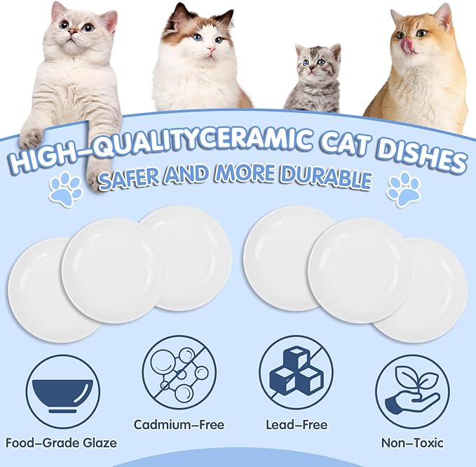 6 Pack Cat Food Bowl, Ceramic Cat Bowls, Anti Whisker Fatigue Cats Bowl,5.5 Inches Shallow Wide Kitten Plates for Food and Water (White)-PawvioPets