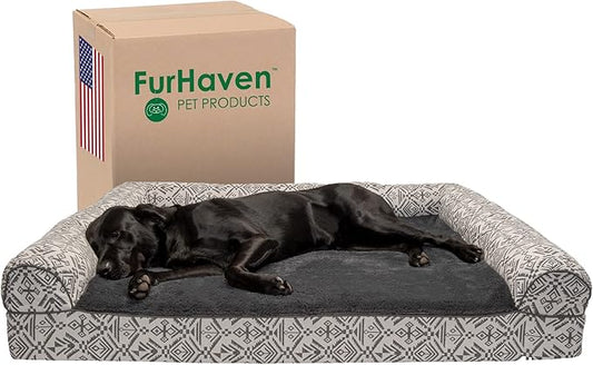 Furhaven Orthopedic Dog Bed for Large Dogs w/ Removable Bolsters & Washable Cover, For Dogs Up to 125 lbs - Plush & Southwest Kilim Woven Decor Sofa - Boulder Gray, Jumbo Plus/XXL-PawvioPets