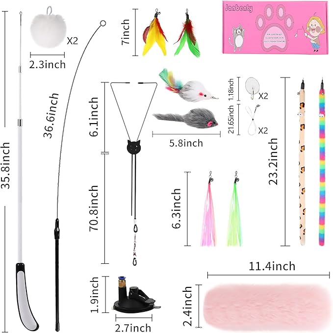 4-in-1 Interactive Cat Feather Toys with Durable Retractable Fishing Pole, Enhanced Suction Cup Toy, Door Hanging Teaser Toy and 11 Attachments Replacements for Bored Indoor Adult Cats-PawvioPets