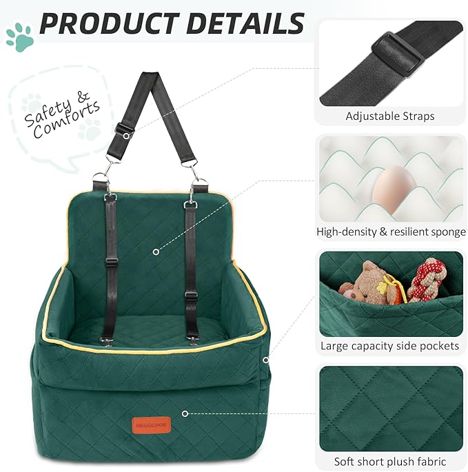 Dog Car Seat for Small Medium Dogs, Memory Foam Puppy Dog Booster Seat with Thick Cushion for Dogs Under 35lbs, Detachable Washable Pet Car Seat Travel Bed with Storage Pockets,2 Safety Belts-PawvioPets