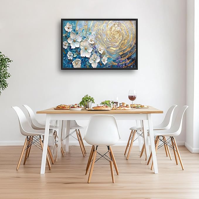 Flower Large Wall Art White Floral Pictures Abstract Golden Spiral Texture Wall Decor Canvas Print Painting Artwork for Bathroom Living Room Bedroom 36L" x 24W"-PawvioPets