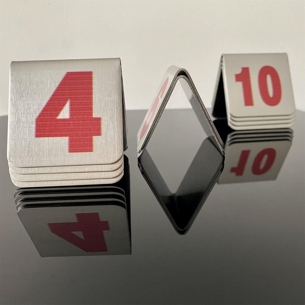 10 Pcs Metal Place Cards Stackable Tent Style Table Numbers，Place Card Holders for Celebration Wedding Party Restaurants Cafes Bars Gatherings meeting Room Board Game Serial (Small 1-10, Red)