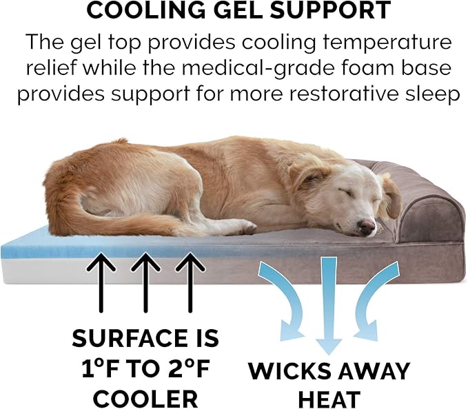 Furhaven Cooling Gel Dog Bed for Large Dogs w/ Removable Bolsters & Washable Cover, For Dogs Up to 95 lbs - Faux Fur & Velvet Sofa - Driftwood Brown, Jumbo/XL-PawvioPets