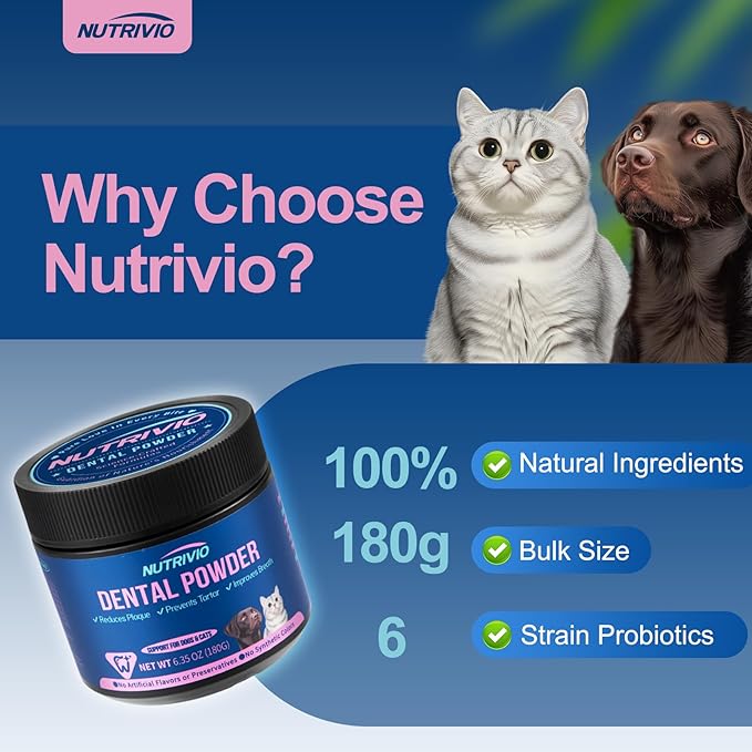 Dental Powder for Dogs & Cats - 5 Strains of Probiotics with 10B CFU, Natural Ingredients for Plaque & Tartar Control, Fresh Breath Oral Care,Safe for All Breeds & Ages Pets - 6.35oz(180g)-PawvioPets