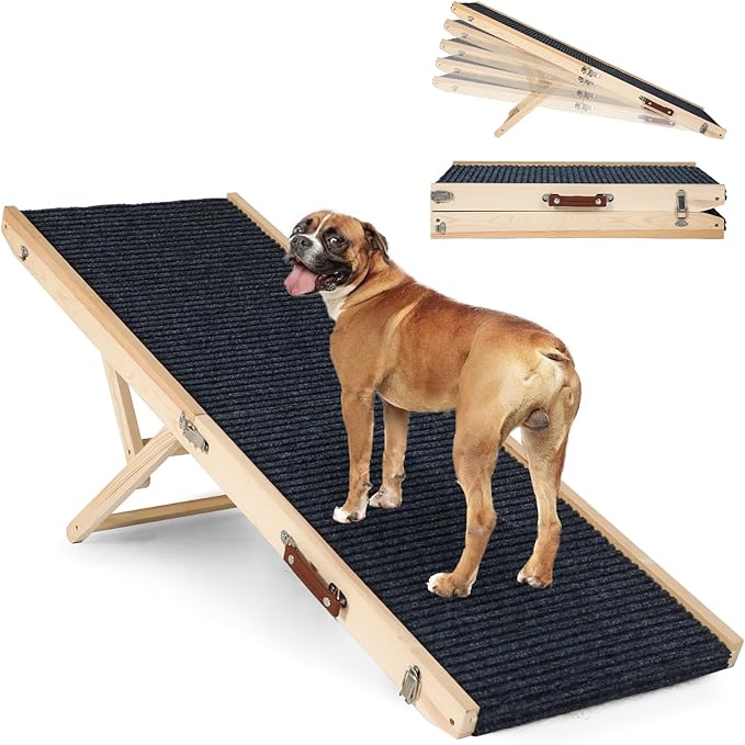 Folding Dog Ramp Safety for Bed, Wooden 5 Adjustable Height Pet Ramps, Potable Dog Steps with Non-Slip Traction Mat, Dog Step, Dogs Stairs for SUV Car, Couch, Safe,Height Bed(47.3 Inch Long)-PawvioPets