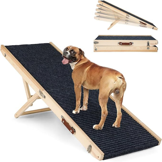 Folding Dog Ramp Safety for Bed, Wooden 5 Adjustable Height Pet Ramps, Potable Dog Steps with Non-Slip Traction Mat, Dog Step, Dogs Stairs for SUV Car, Couch, Safe,Height Bed(47.3 Inch Long)-PawvioPets