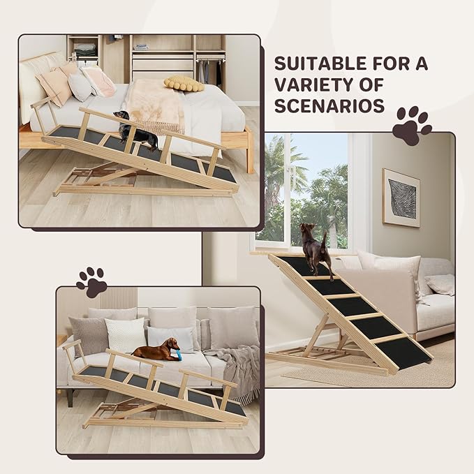 Dog Ramp for Bed PANTAZO Adjustable Ramps for Small Dogs to Get on Bed, Up to 28.5 Inches, 48'' Long,120lbs with Anti-Slip Grip & Safety Rail-PawvioPets