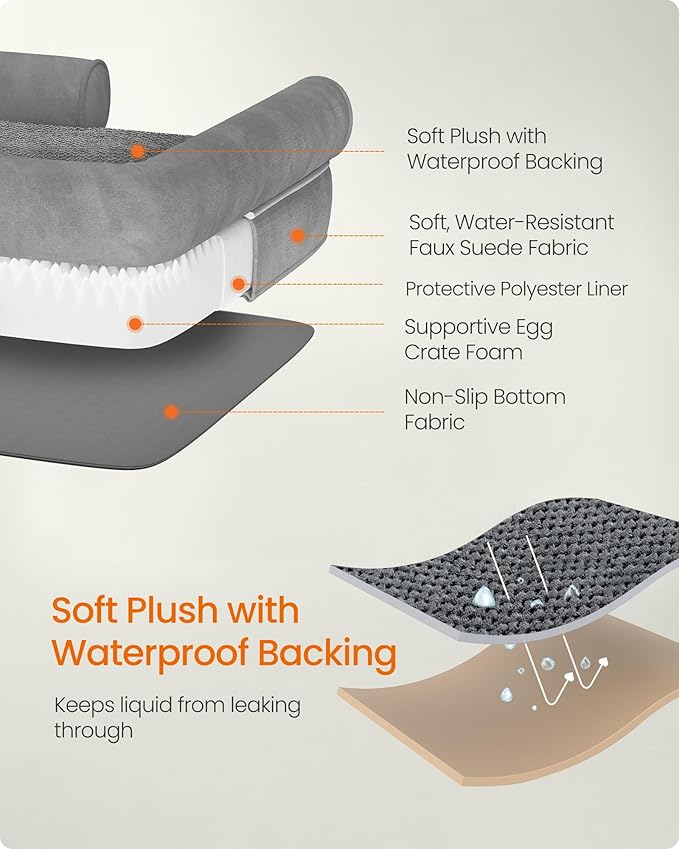 Feandrea Dog Bed, Orthopedic Large Waterproof Bed, Removable Washable Cover Dog Sofa with Non-Slip Bottom, Raised Edges, 42 x 32 x 8 Inches, Light Gray UPGW077G02V1-PawvioPets