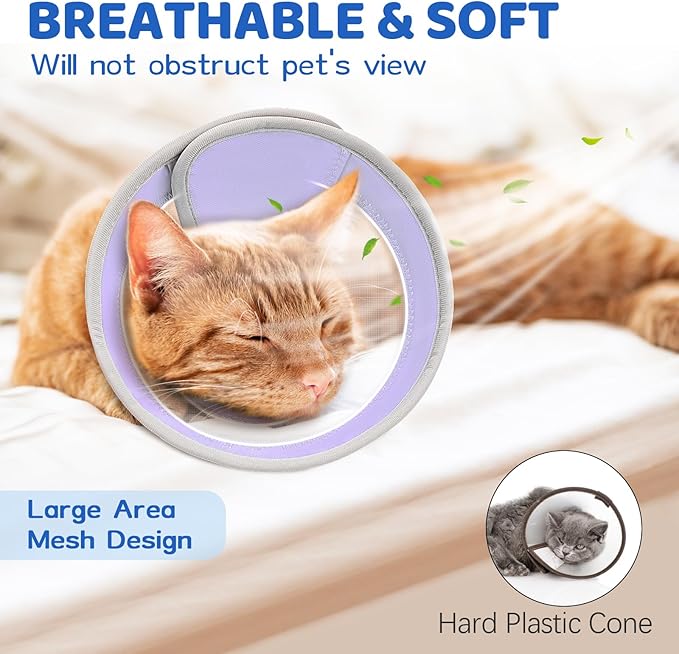 Breathable Air Mesh Cat Cone Collar Soft to Stop Licking, Adjustable, Foldable Lightweight Kitten Cones After Surgery Recovery for Cats & Kittens (Light Purple,M)-PawvioPets