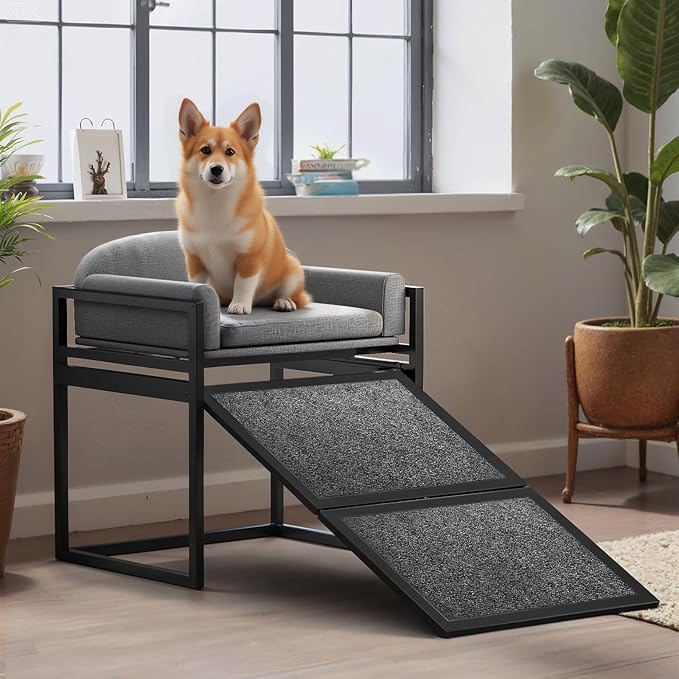 Dog Ramp Doggie Stairs with Seat Mate,Puppy Chair Get on High Bed Couch Office Window Perch,Non Slip Dachshunds Foldable Ladder,Pet Doggy Step for Small Old Dogs,Chihuahua Cat Platform Grey-PawvioPets
