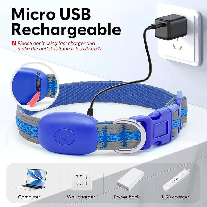Flashseen LED Cat Collar,Light Up Dog Collar Rechargeable, Dog Lights for Night Walking, Comfortable Soft Mesh Pet Collar Adjustable for Cats Puppy and Small Dogs(Blue, XS)-PawvioPets
