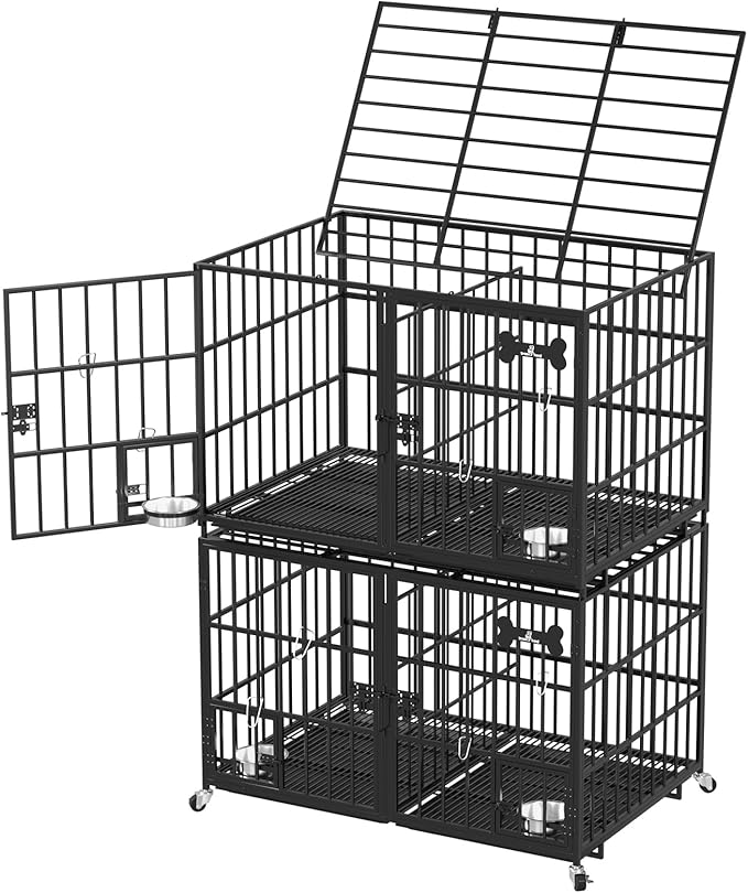 aboxoo 48 inch Stackable Heavy Duty Metal Dog Crate for 4 Dogs/Large Dog,All Metal Open Top Access,Escape Proof Cage,Dog Kennel Indoor with Wheels,Floor Grid, Tray, Divider and Feeding Bowl-PawvioPets