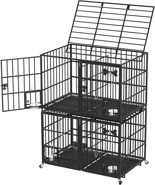 aboxoo 48 inch Stackable Heavy Duty Metal Dog Crate for 4 Dogs/Large Dog,All Metal Open Top Access,Escape Proof Cage,Dog Kennel Indoor with Wheels,Floor Grid, Tray, Divider and Feeding Bowl-PawvioPets